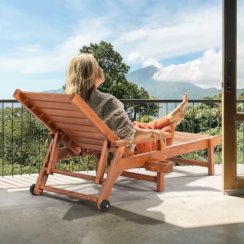 VINGLI Outdoor Chaise Lounge Chair, Wooden Patio Lounger Chair with Adjustable Backrest, Pool Chaise Lounge with Cup Holder & Wheels for Sunbathing Poolside Beach, Brown