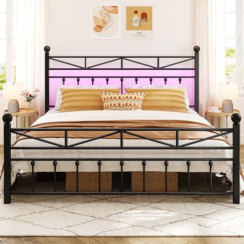 EnHomee 54" Metal King Bed Frame with Tall Headboard & Footboard, LED Light King Bed Frame, Strong Metal Slats Support and Noise-Free Design with Under Bed Storage/No Box Spring Needed/Black EnHomee