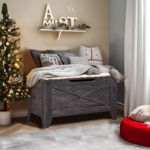 VECELO 30" Storage Chest with Lift Top Storage, Farmhouse Style Ottoman with Handwoven Wicker Cushion, Safety Hinges, Ideal for Entryway, Bedroom, Living Room, Coal Gray VECELO