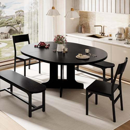 iPormis 5-Piece Round Dining Table Set for 4-6, 59" Extendable Dining Room Table Set with 2 Ergonomic Chairs & 2 Benches, Oval Modern Dinette Table with Metal Frame & MDF Board, Space-Saving, Black iPormis