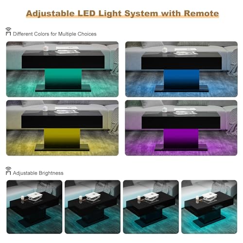 HedoAjim Led Coffee Table for Living Room, Living Room Table Rectangular Center Table, Modern High Glossy Wooden Coffee Tables with 16 Colors LED Lights for Dining Reception Room, Black HedoAjim