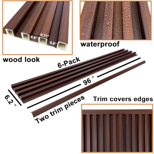 YLL YLL 6-Pack Slat Wall Panel with 2 Trims Wood Grain Slat Wall 96" x 6.2" WPC Slats 3D Wall Panels Walnut Grille YLL YLL