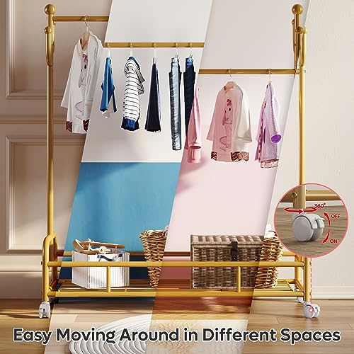 Bestier Kids Dress Up Rack, Adjustable Rack Height for Kids Clothes Rack, Bottom Storage Shelf with Wheels, Metal Dress Up Rack for Kids, Toddler, Children, Girls, Boys, Gold Bestier