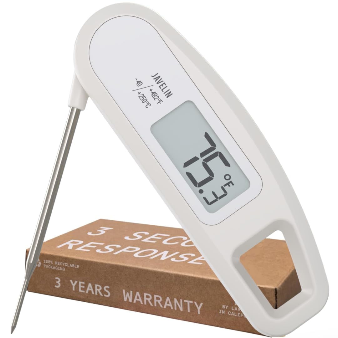 Lavatools Javelinยฎ Ultra-Fast 3-Second Digital Instant Read Meat Thermometer for Grill and Cooking, 2.75" Probe, Compact Foldable Design, Large Display, IP65 Water Resistant, NSF Certified โ Milk Lavatools
