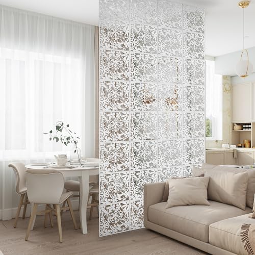 ANMINY 24 PCS Hanging Room Divider Flower Carving Pattern Panels Decorative Wall Screen Panel Hollow Out Design for Living Dining Room Bedroom Home Hotel Decor - White ANMINY