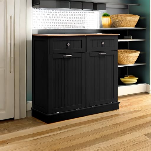 Double Trash Cabinet Tilt Out 20 Gallon, Pet Proof Kitchen Trash Cabinet Laundry Hamper with Cutting Board, Wood Garbage Recycling Station Hideaway Trash Holder Drawers (Black) Gitua