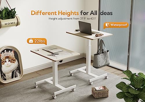 Claiks Mobile Standing Desk, Small Rolling Standing Desk with Wheels, Pneumatic Mobile Desks Workstation with Hook, Natural Claiks
