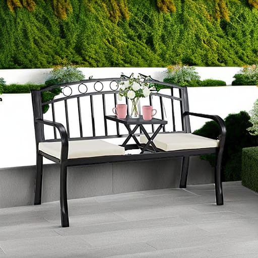 AVAWING Outdoor Metal Garden Bench, 2-Seat Patio Porch Bench with Steel Frame, Park Bench w/Pullout Middle Table& Cushion for Backyard Lawn Deck Entryway, Black AVAWING