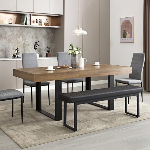 STHOUYN 63”-79” Extendable Dining Room Table, Modern Farmhouse Wooden Kitchen Table, Long Expandable Dining Table for 6 8 10, Large Expanding Tables Conference Tables (Walnut Brown) STHOUYN