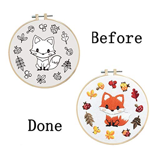 Louise Maelys Starter Embroidery Kits with Fox Pattern DIY Full Range Easy Needlepoint Cross Stitch Kits for Adults, Beginners with Stamped Animal Pattern