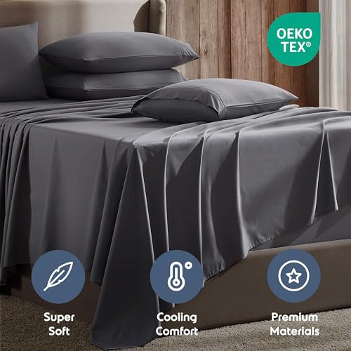 Nestl Extra Deep Cal King Sheet Set - 6 Piece Breathable & Cooling Sheets - Hotel Luxury Bedding Set w/18-24 Inch Deep Pockets - Easy & Secure Fit - Super Soft, Wrinkle Free & Comfy - Dark Gray Nestl