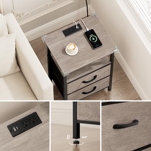 Vagusicc Night Stand Set 2, LED Nightstand with Charging Station, Bedside Table with USB Ports & Outlets, 24.2" Tall End Table with open Shelf, Bed Side Table with 2 Fabric Drawers for Bedroom, Greige Vagusicc