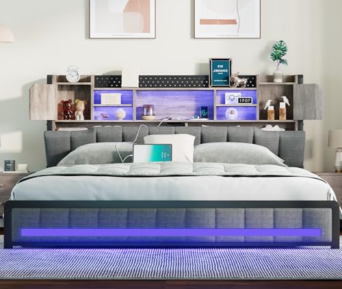 Elevate Your Space with the CSZZD Queen Bed Frame: Upholstered with Smart LED Lights & Storage Headboard in Oak Gray CSZZD
