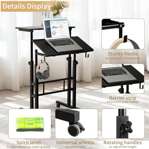 SIDUCAL Mobile Standing Desk, Portable Stand Up, Small Adjustable Converter with Wheels Home Office Workstation, Rolling Desk Laptop Cart for Standing or Sitting, Black SIDUCAL