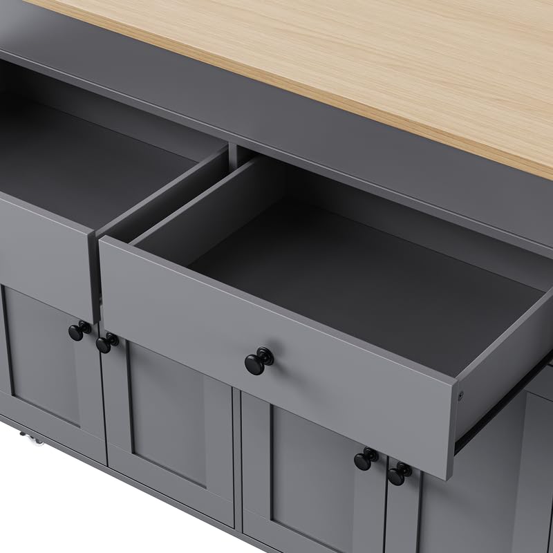 HomeGearTech 74.5" Kitchen Island Cart with Extendable Dining Table - Mobile Kitchen Island on Lockable Wheels, Spice Rack Organizer, 2 Storage Drawers & 4-Door Cabinet for Kitchen or Dining Room HomeGearTech