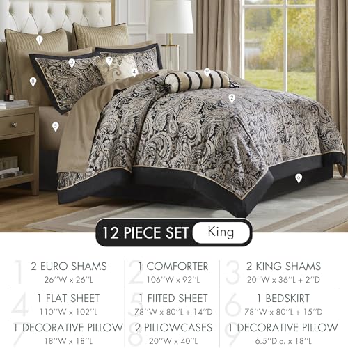 Madison Park Aubrey Cozy Comforter Set, Faux Silk Jacquard Paisley Design - All Season Down Alternative Bedding with Cotton Bed Sheets, Bed Skirt & Toss Pillows, King Black 12 Piece Madison Park
