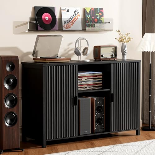 BROTTAR Large Record Player Stand with Vinyl Storage, 47" Wood Turntable Stand with Open Shelves and Fluted Doors, Vinyl Record Storage Cabinet Holds Up to 480 Albums for Music Room Living Room, Black BROTTAR