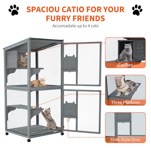 Cat Patio Enclosure, 69" Large Indoor Outdoor Catio Cage with Waterproof Roof, Lockable Wheels, Resting Cabin & Platforms for Multi-Cat Families, Weatherproof Catios PeacefulHues