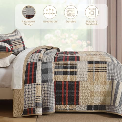 Annibedding Quilt Set Queen Size, Red-Brown Plaid Striped Bedspread Coverlet Set,Soft Microfiber Reversible Lightweight Bedding Cover for All Season(Queen,96"x90") Anibedding
