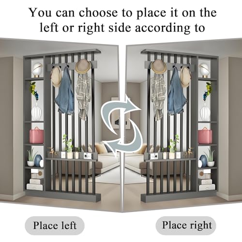 Wall Room Divider - Freestanding Wood Room Divider with Shelves and Coat Rack, Wall Divider with Storage Cabinet and Display Shelf, Freestanding Decor for Bedroom, Office (Grey+Black, 39.4IN) Horseo