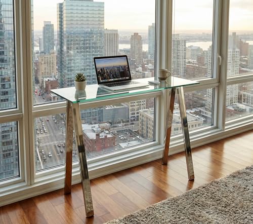 Cortesi Home Trixie Glass Top Desk/Console Table with Stainless Steel Frame, 40" Cortesi Home