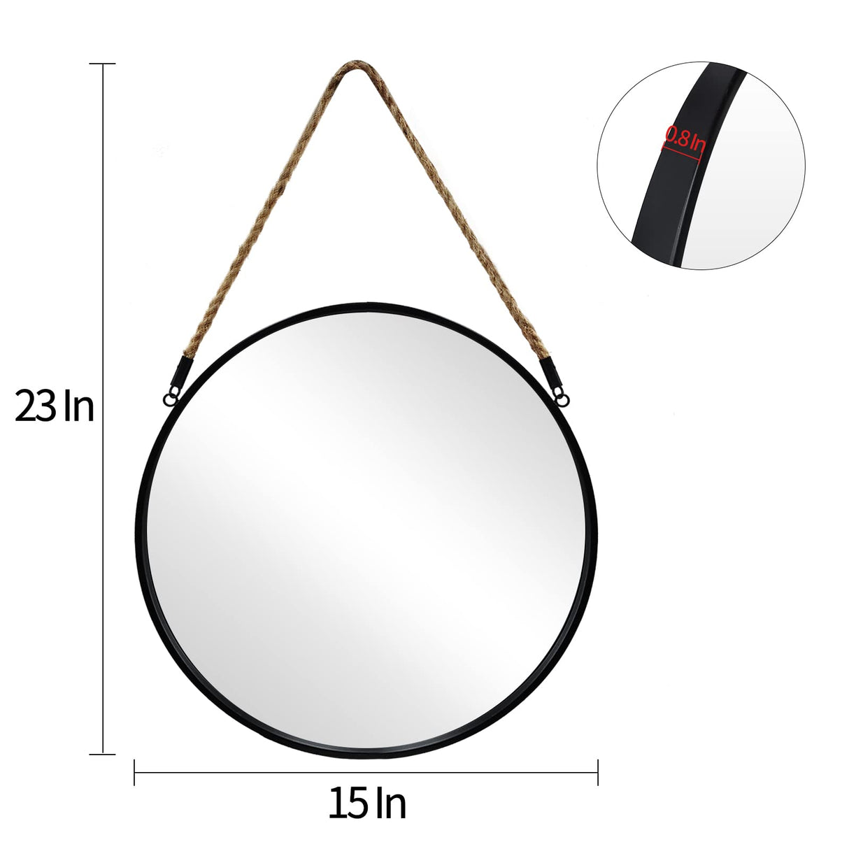 POZINO Round Mirror, 15" Rope Hanging Mirror, Farmhouse Circle Mirrors, Black Metal Frame Wall Mirrors for Bathroom, Bedroom, Living Room, Entryway, Fireplace, Home Decor POZINO