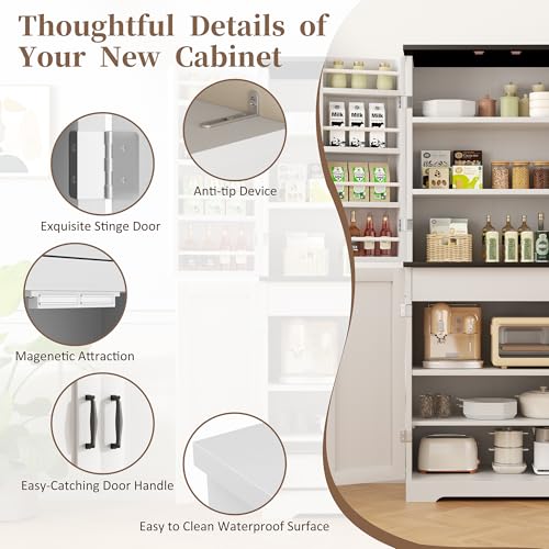 Shintenchi Kitchen Pantry Cabinet, Freestanding Farmhouse Storage Cabinet with 8 Door Shelves, 2 Cabinets and 1 Drawer, Tall Cupboard for Kitchen, Living Room, Dining Room and Bathroom, White Shintenchi