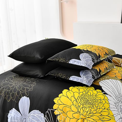 Black Yellow Comforter Set Full,Floral Bed in a Bag Comforter for All Season,7 Pieces(1 Comforter 1 Flat Sheet 1 Fitted Sheet 2 Pillowshams and 2 Pillowcases),Soft Microfiber Bedding Set 90" x78” Yiran