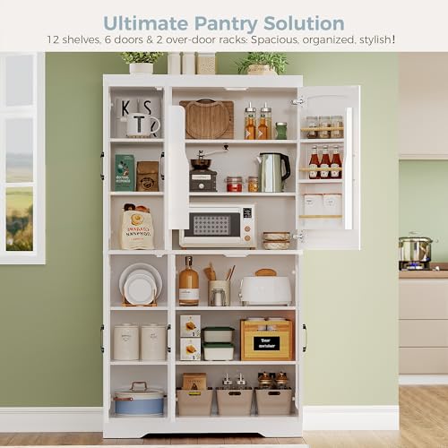 IRONCK Kitchen Pantry Storage Cabinet, Modern Food Pantries with 12 Shelves, 2 Door Racks, Adjustable Shelves, Freestanding Cupboard for Kitchen, Dining Room, White IRONCK