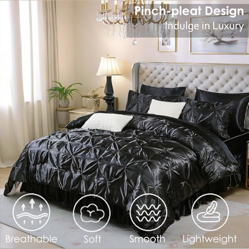 Bedbay Black Comforter Set Queen Size,10-Piece Satin Comforter Bed Set,Pinch Pleat Bedding Set,Black Pintuck Luxury Bed Comforter Set,Lightweight Silk Like Satin Bedding Comforter for All Seasons Bedbay