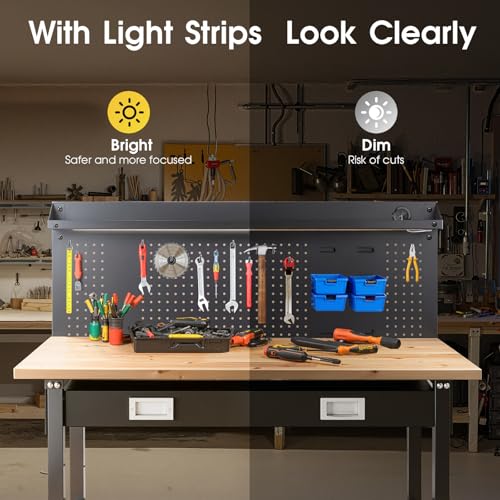 60" Adjustable Work Bench with Drawers, Workbench for Garage with Strip Light, Work Table with Large Pegboard, 2000 LBS Heavy Duty Table with Power Outlet Rubber Wood for Office, Workshop FIXCHIGO