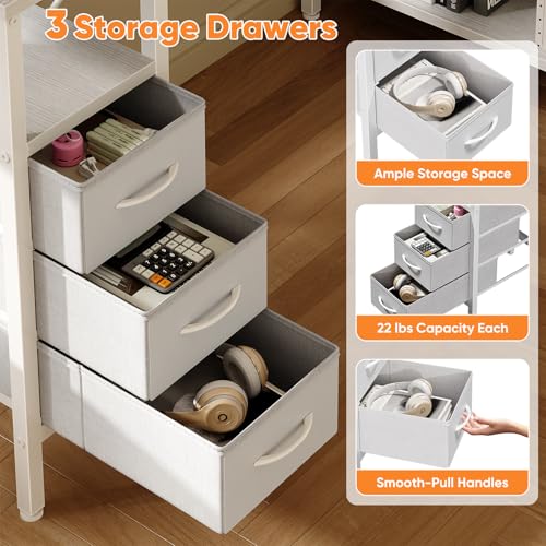 DUMOS L Shaped Desk with Shelf Drawers 47 Inch, White Corner Computer Desks Gaming with Power Outlet, Study Table with Adjustable Shelves, Home Office Tables for Bedroom Teacher Reading Writing DUMOS
