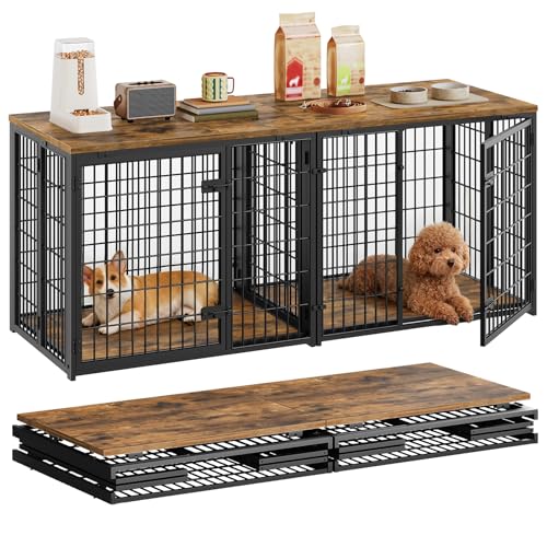 YATINEY Foldable Dog Crate Furniture for 2 Dogs, 63'' Double Dog Kennel Indoor with Removable Divider, Heavy Duty Dog Cage, for Small/Medium/Large Dog, TV Stand, Rustic Brown DC160BR YATINEY
