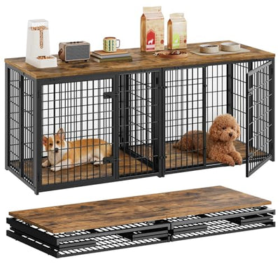 YATINEY Foldable Dog Crate Furniture for 2 Dogs, 63'' Double Dog Kennel Indoor with Removable Divider, Heavy Duty Dog Cage, for Small/Medium/Large Dog, TV Stand, Rustic Brown DC160BR