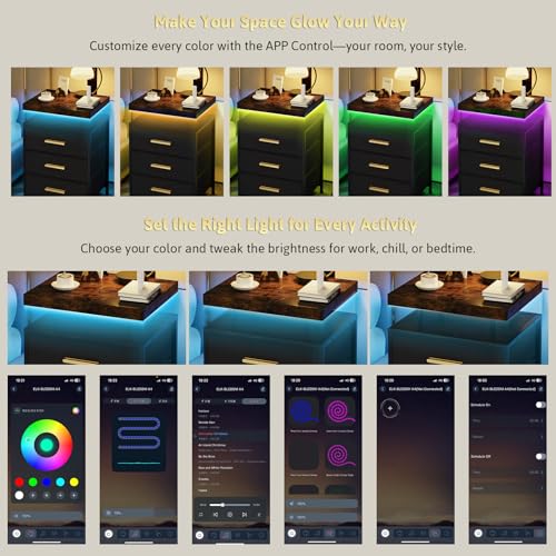 DreamDashio Night Stand with APP Control LED Lights, 3 Fabric Storage Drawers with PU Finish, Floating Top Design, Bedside Table with Open Shelf, End Table for Bedroom, Living Room, Office (Black) DreamDashio
