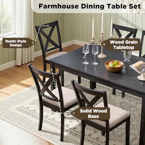 LUXOAK 7-Piece Solid Wood Dining Table Set, 60" Farmhouse Dining Table with 6 Chairs, Rectangular Table Set for 6, Kitchen & Dining Room Furniture, Grey & White LUXOAK