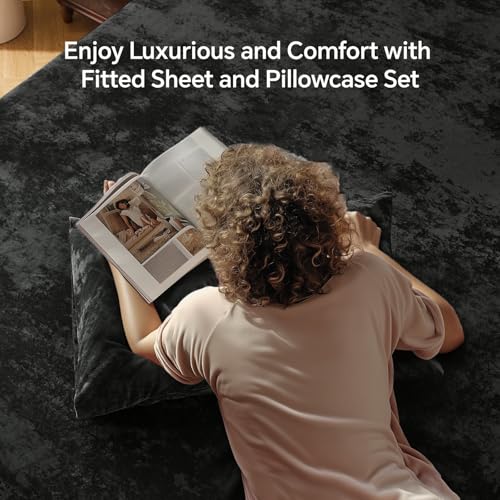 BEDELITE Velvet Fitted Sheet and Pillowcases Set, Luxury Soft Fuzzy Bottom Sheet with Reinforced Elastic Corner Straps, Deep Pocket up to 15 Inch, 1 Fitted Sheet and 2 Pillowcases (Queen, Black) BEDELITE