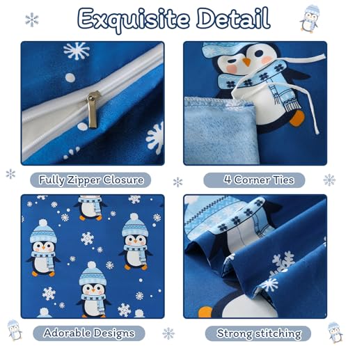 JSD Blue Penguin Snowflakes Kids Duvet Cover Set Twin Size, 2 Piece Printed Comforter Cover with Pillow Sham Zipper Closure, Comforter Not Included JSD