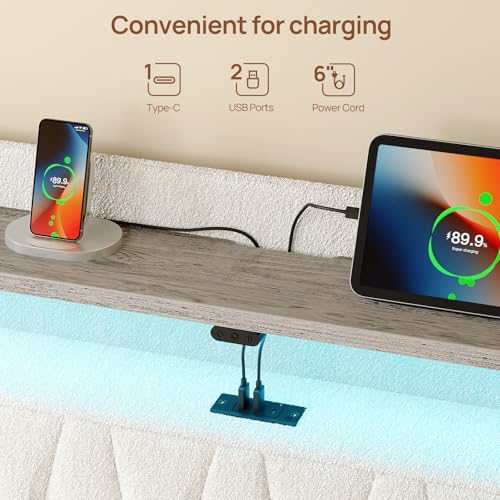 Rolanstar Full Bed Frame with Drawers, Storage Headboard with Charging Station and LED Lights, Upholstered Bed with Heavy Duty Wood Slats, No Box Spring Needed, Noise Free, Easy Assembly, Beige Rolanstar