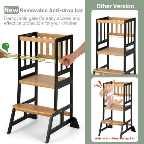 COSYLAND Toddler Standing Tower - Adjustable Height Toddler Kitchen Stool Helper - Kids Kitchen Step Stool for Learning with Removable Safety Railing Black&Natural COSYLAND