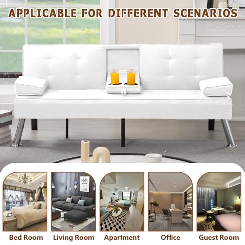 Anwick Convertible Folding Futon Sofa Bed,Modern PU Leather Sleeper Love Seat with 3 Reclining Backrest & Cup Holders,67" Comfy Sofa Couches for Living Room Small Home Office (White) Anwick