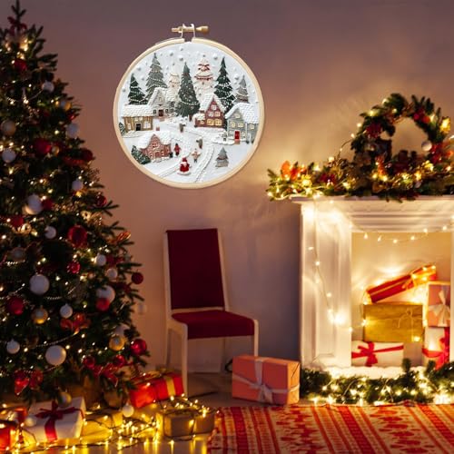 AZKRWFLM Christmas Village Embroidery Kit for Adults – DIY Winter Snow Scene Hand Embroidery Set with Pattern Manual, Holiday Decor Craft Kit for Beginners,