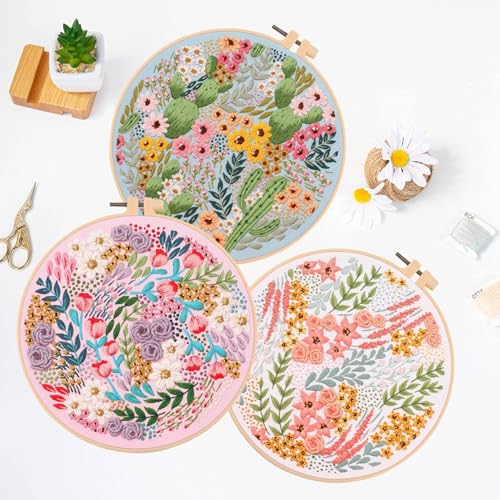 LB Pink Floral Embroidery Kit for Beginners Adults, 3 Sets Hand Embroidery Starter Kit with Cactus Flower Pattern and Instructions Stamped Cross Stitch Kits Include Embroidery Hoop Needles Threads
