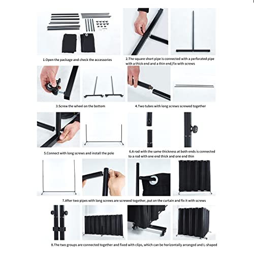 Room Divider Kit, 13.1 ft x 6.6 ft, 4 Rolling Wheels Curtain Divider Stand, Metal Frame, Darking Curtain, L-Shape Dressing Room for Boutique, Expandable Room Partition for Home Lvrunben