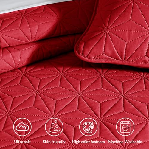 Whale Flotilla King Quilt Bedding Set, Soft Bright Red Bedspreads Quilts King Size for All Seasons, 3 Pieces Lightweight Geometric Star Pattern Coverlet