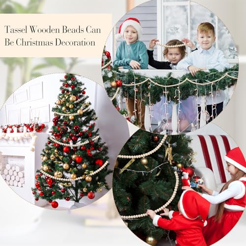 Geetery 6 Pcs Beads 58'' Wood Bead Garland with Tassels Rustic Country Decor Prayer Boho Beads Big Wall Hanging Decor Farmhouse Beads Versatile Prayer Beads for Home Wall Table Decor (White) Geetery