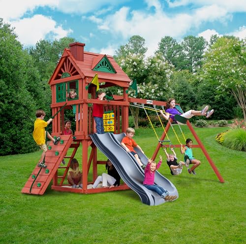 Gorilla Playsets 01-0036-GREY Double Down II Wood Swing Set with Wood Roof, Two Slides, Two Swings, Sandbox Area, Rock Wall, Redwood Color Gorilla Playsets