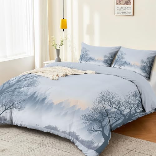 Duvet Cover Single 61" x 79" Size - Reversible Minimalist Winter Landscape Duvet Cover Set for Kids and Adults with Zipper Closure, 3 Pieces Grey Bedding Set with 2 Pillow Shams Generic