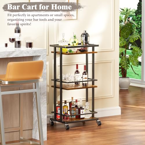 OKZEST 3 Tier Bar Cart for Home, Rolling Mini Liquor Bar for Wine Beverage Dinner Party, Utility Kitchen Storage Island Serving Cart on Wheels, Coffee Bar Cabinet for Kitchen Dining Living Room, Brown OKZEST