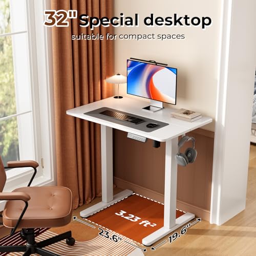 JYLH JOYSEEKER Small Standing Desk, 32" ×20" Electric White Standing Desk, Height Adjustable Compact Sit Stand Workstation with Splice Board, Home Office Desk with 2 Hooks JYLH JOYSEEKER